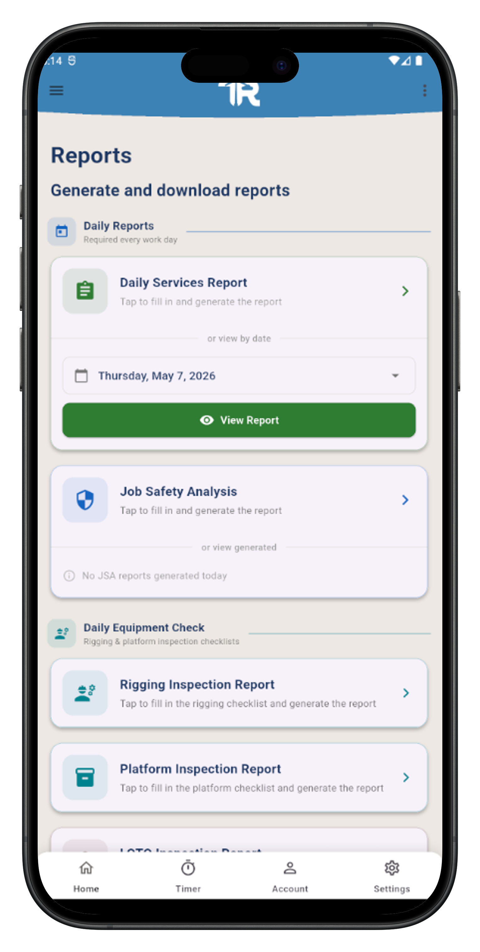 TechRepair daily check report screen